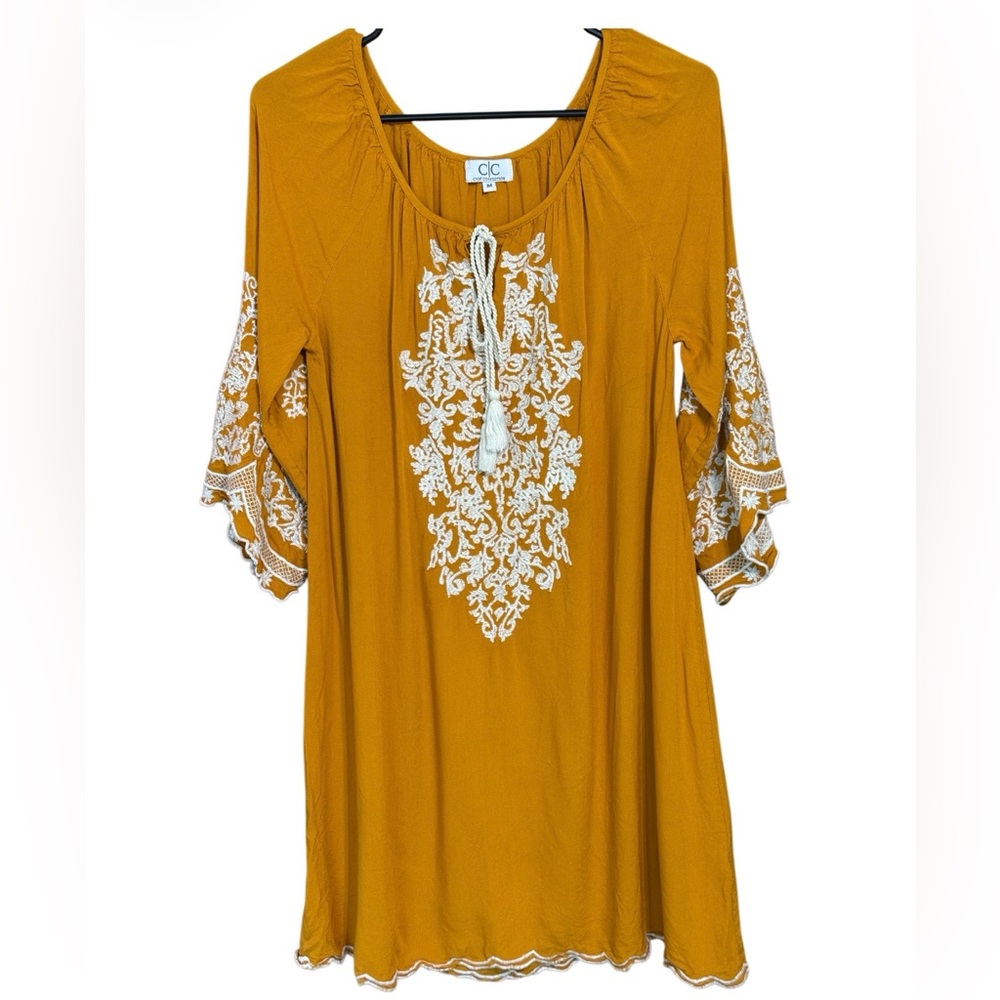 Chic Connection California Boho Embroidered Dress Top M Mustard Lace Peasant - Picture 1 of 4